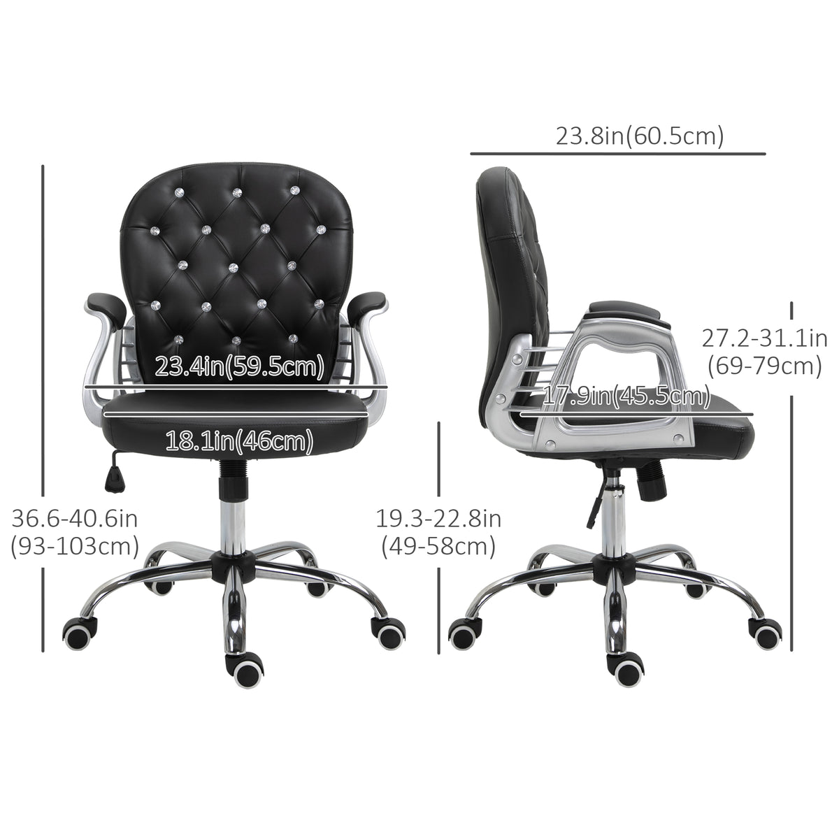Tufted PU Leather Office Chair - Black Crystal Backrest-Task Chairs-DECOROLALA