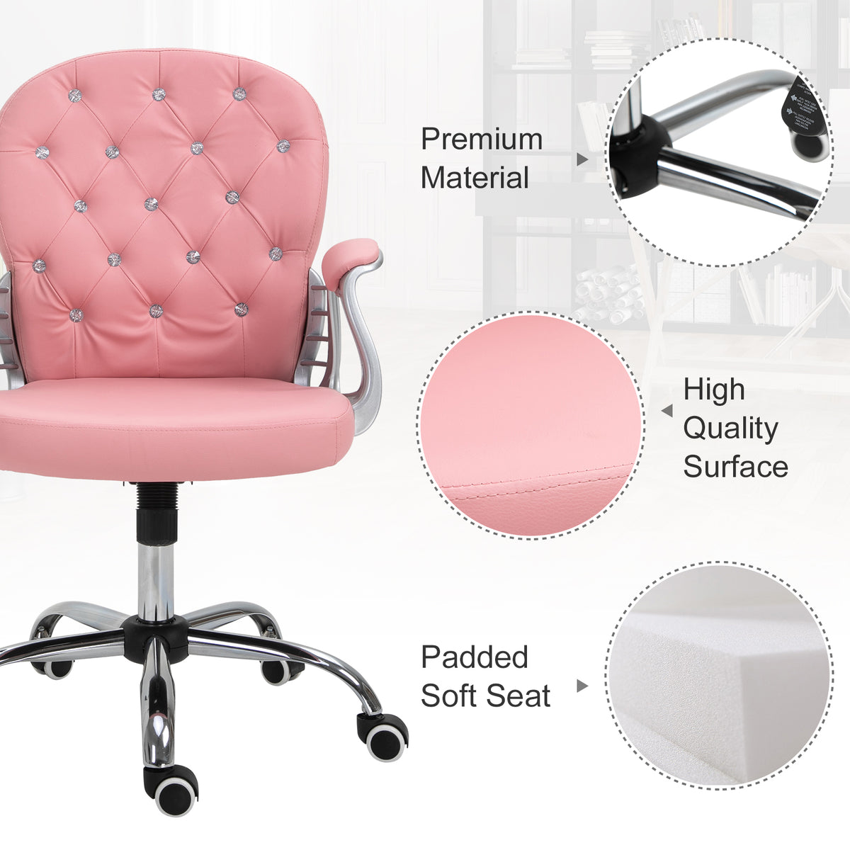 Tufted PU Leather Office Chair - Pink Adjustable Swivel-Office Products > Office Furniture > Office Chairs > Task Chairs-DECOROLALA