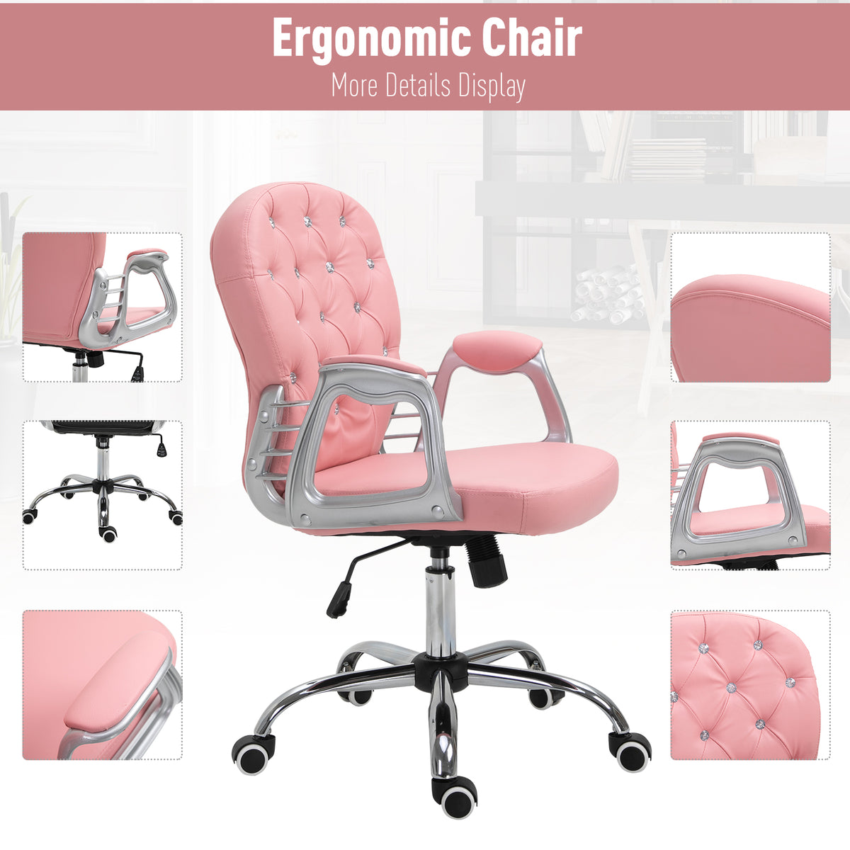 Tufted PU Leather Office Chair - Pink Adjustable Swivel-Office Products > Office Furniture > Office Chairs > Task Chairs-DECOROLALA