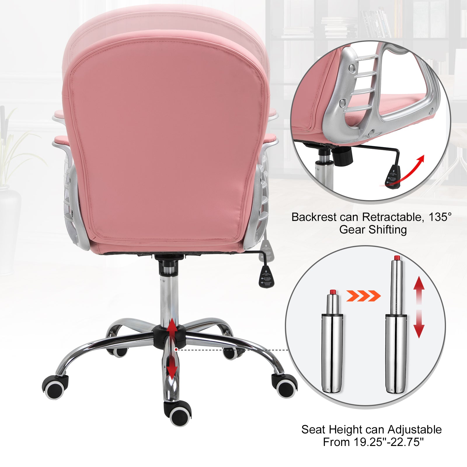 Tufted PU Leather Office Chair - Pink Adjustable Swivel-Office Products > Office Furniture > Office Chairs > Task Chairs-DECOROLALA