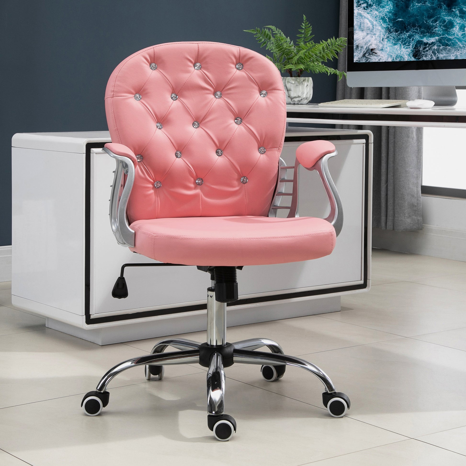 Tufted PU Leather Office Chair - Pink Adjustable Swivel-Office Products > Office Furniture > Office Chairs > Task Chairs-DECOROLALA