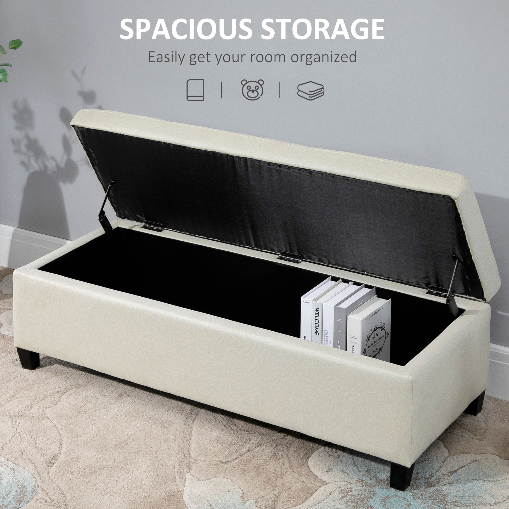 Tufted Storage Ottoman Bench - Beige Upholstered Linen-DECOROLALA