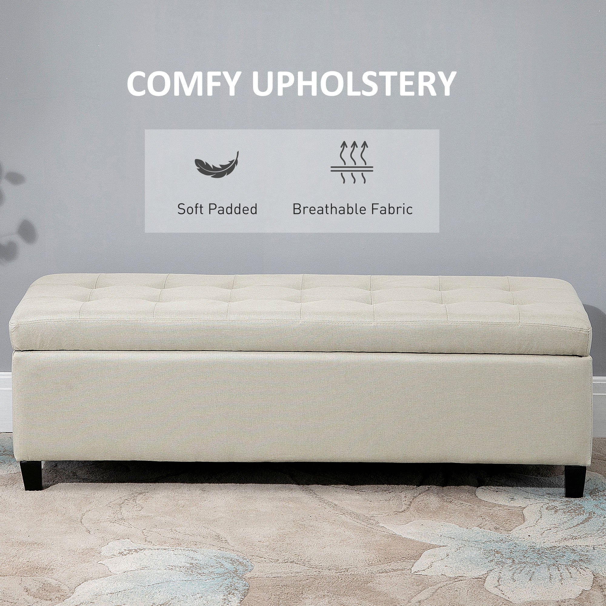 Tufted Storage Ottoman Bench - Beige Upholstered Linen-DECOROLALA