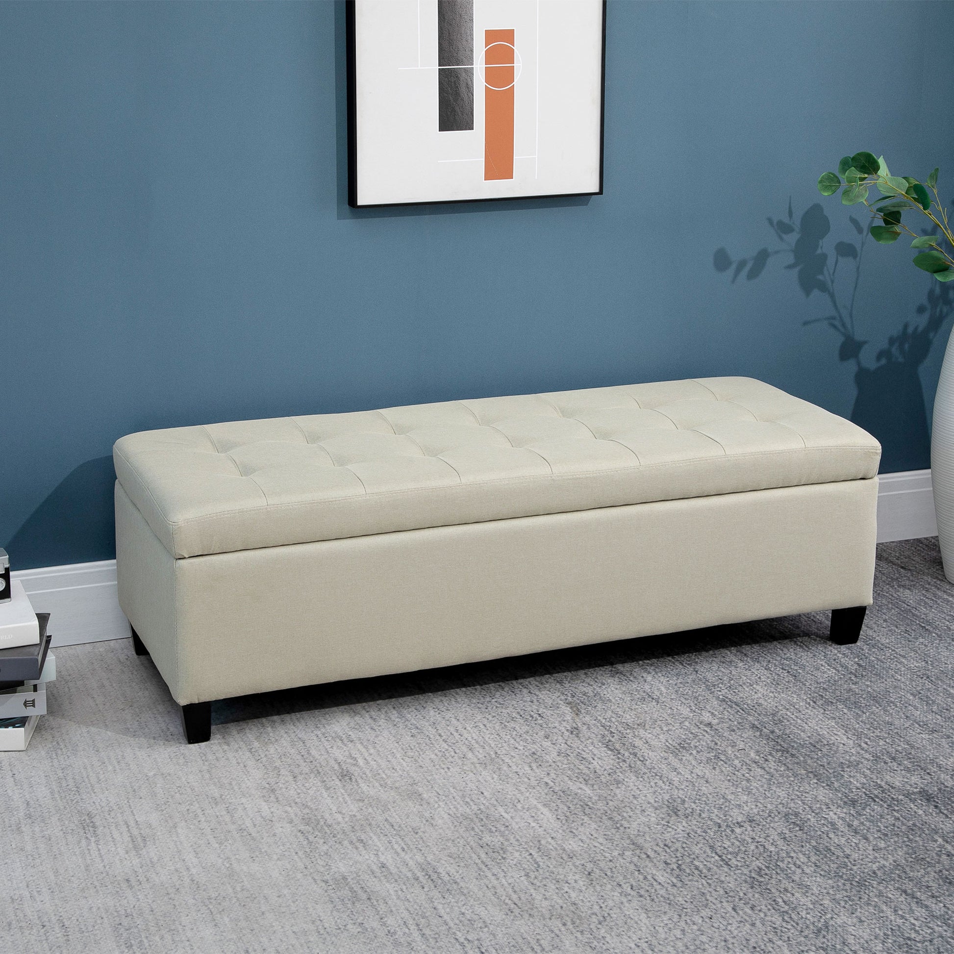 Tufted Storage Ottoman Bench - Beige Upholstered Linen-DECOROLALA