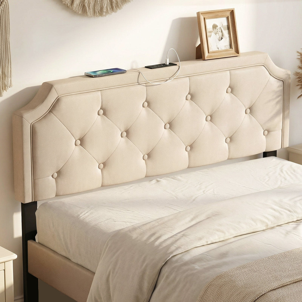 Tufted Upholstered Charging Headboard for Queen/Full Bed-Headboards-DECOROLALA