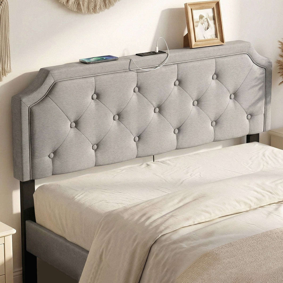 Tufted Upholstered Charging Headboard for Queen/Full Bed-Headboards-DECOROLALA