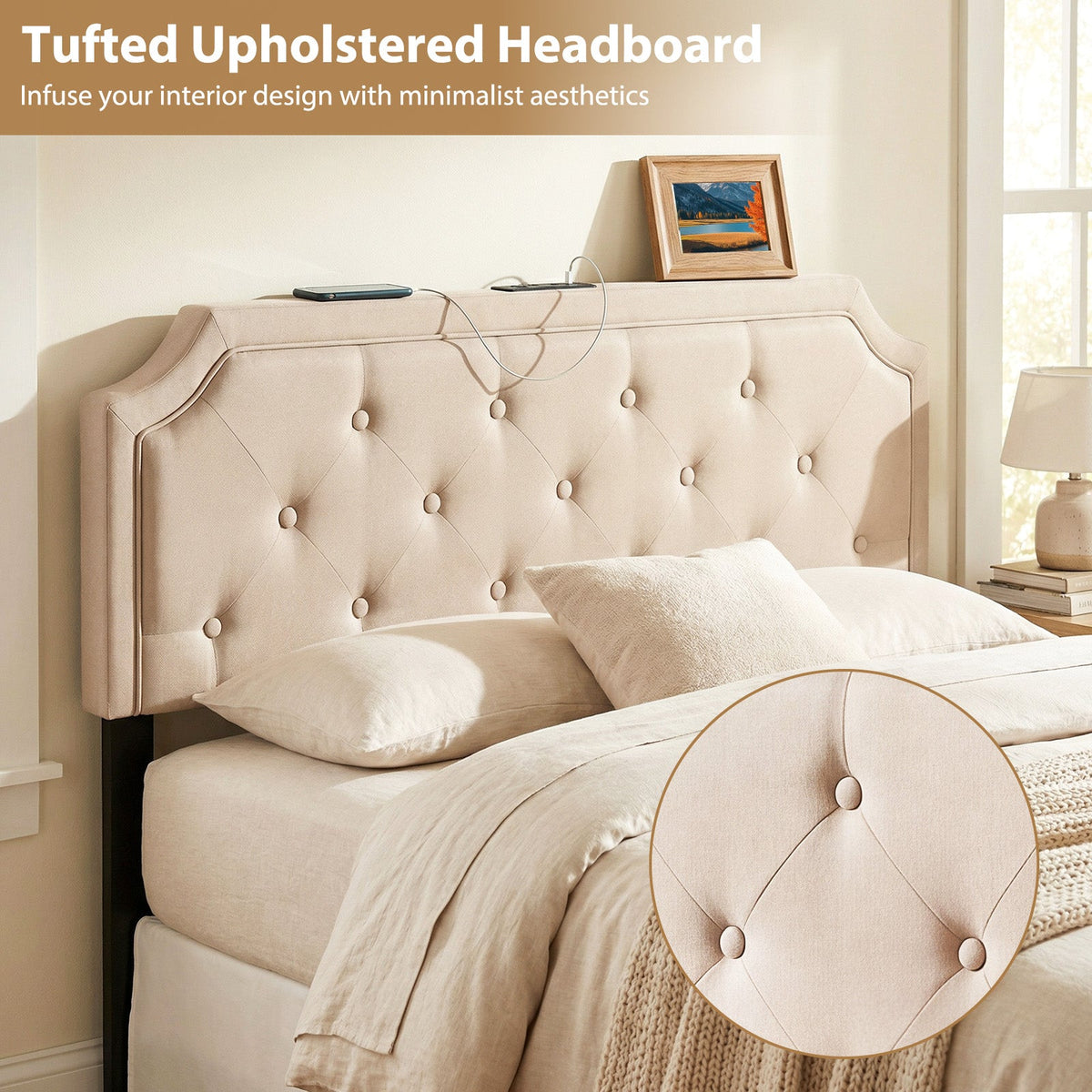 Tufted Upholstered Charging Headboard for Queen/Full Bed-Headboards-DECOROLALA
