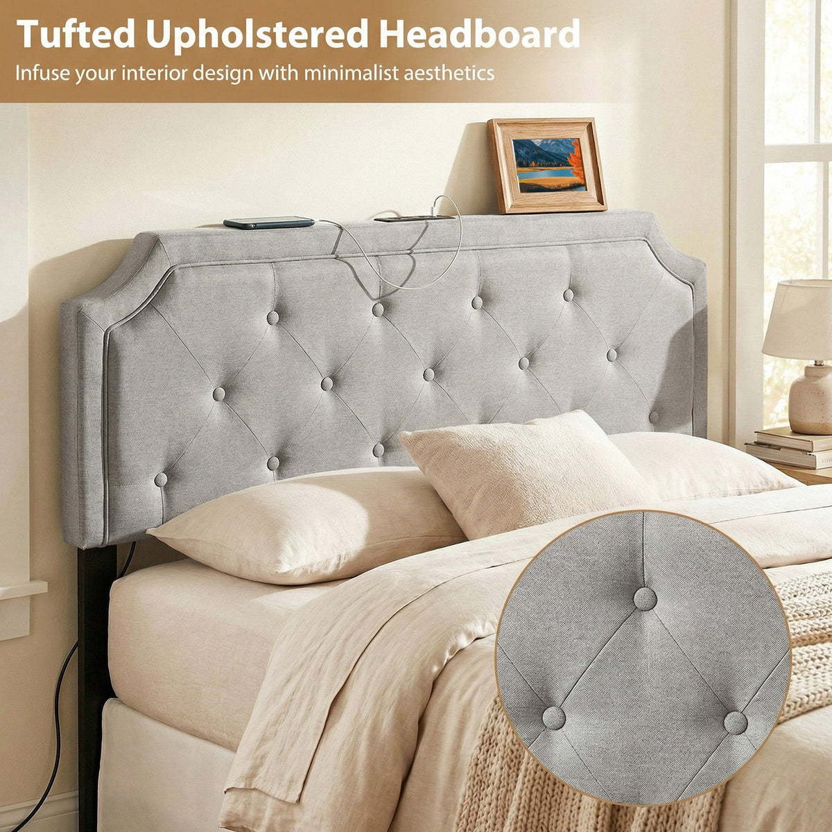 Tufted Upholstered Charging Headboard for Queen/Full Bed-Headboards-DECOROLALA
