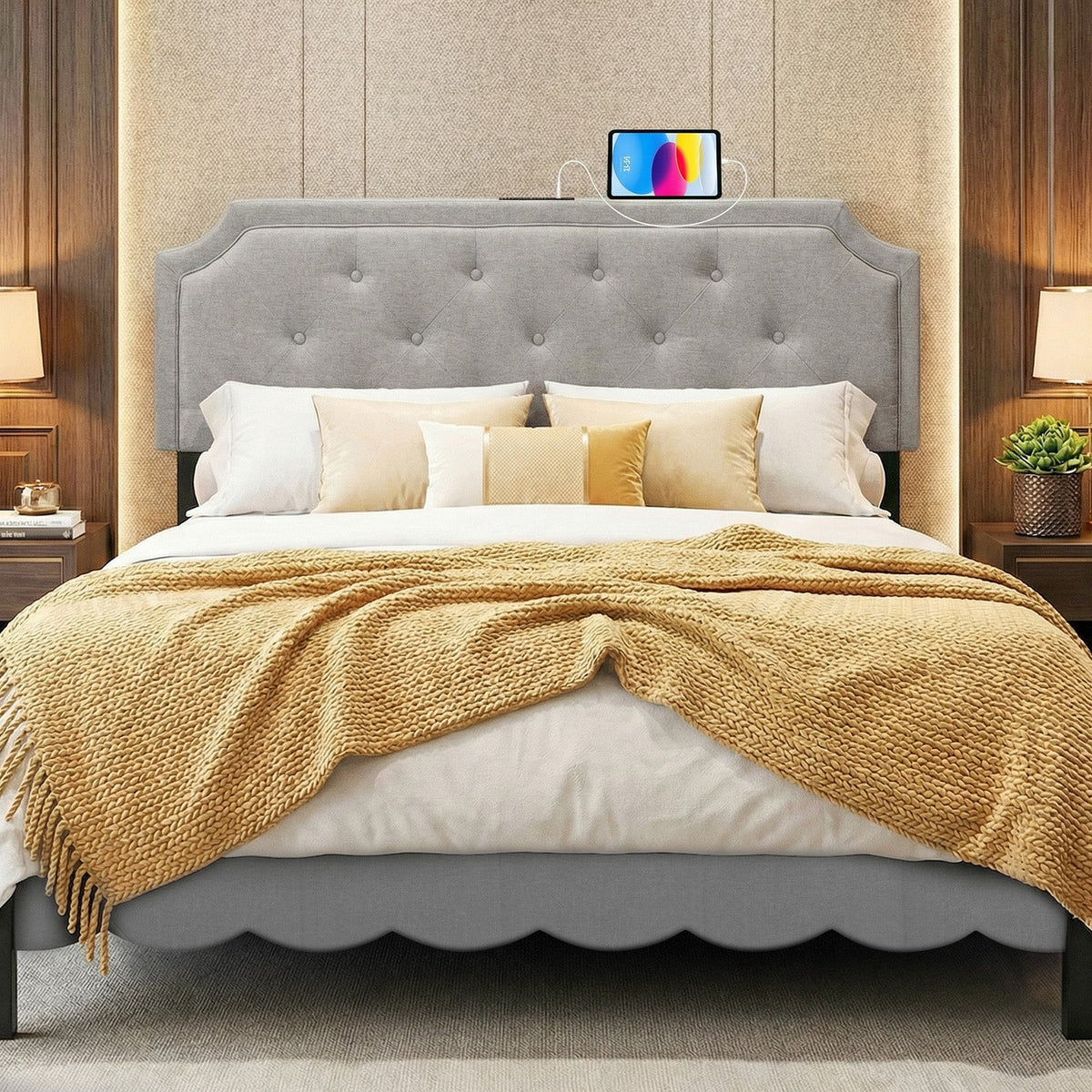 Tufted Upholstered Charging Headboard for Queen/Full Bed-Headboards-DECOROLALA