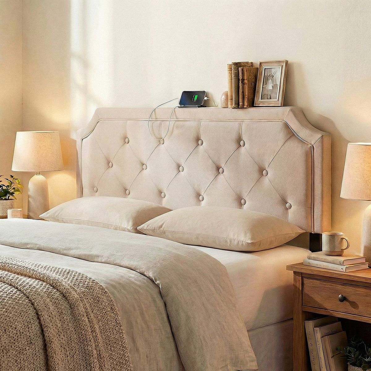 Tufted Upholstered Charging Headboard for Queen/Full Bed-Headboards-DECOROLALA