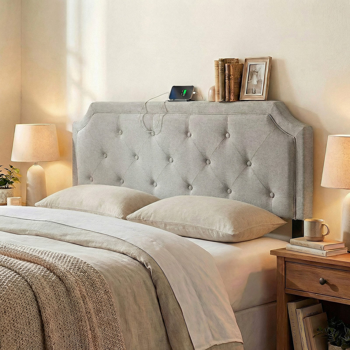 Tufted Upholstered Charging Headboard for Queen/Full Bed-Headboards-DECOROLALA