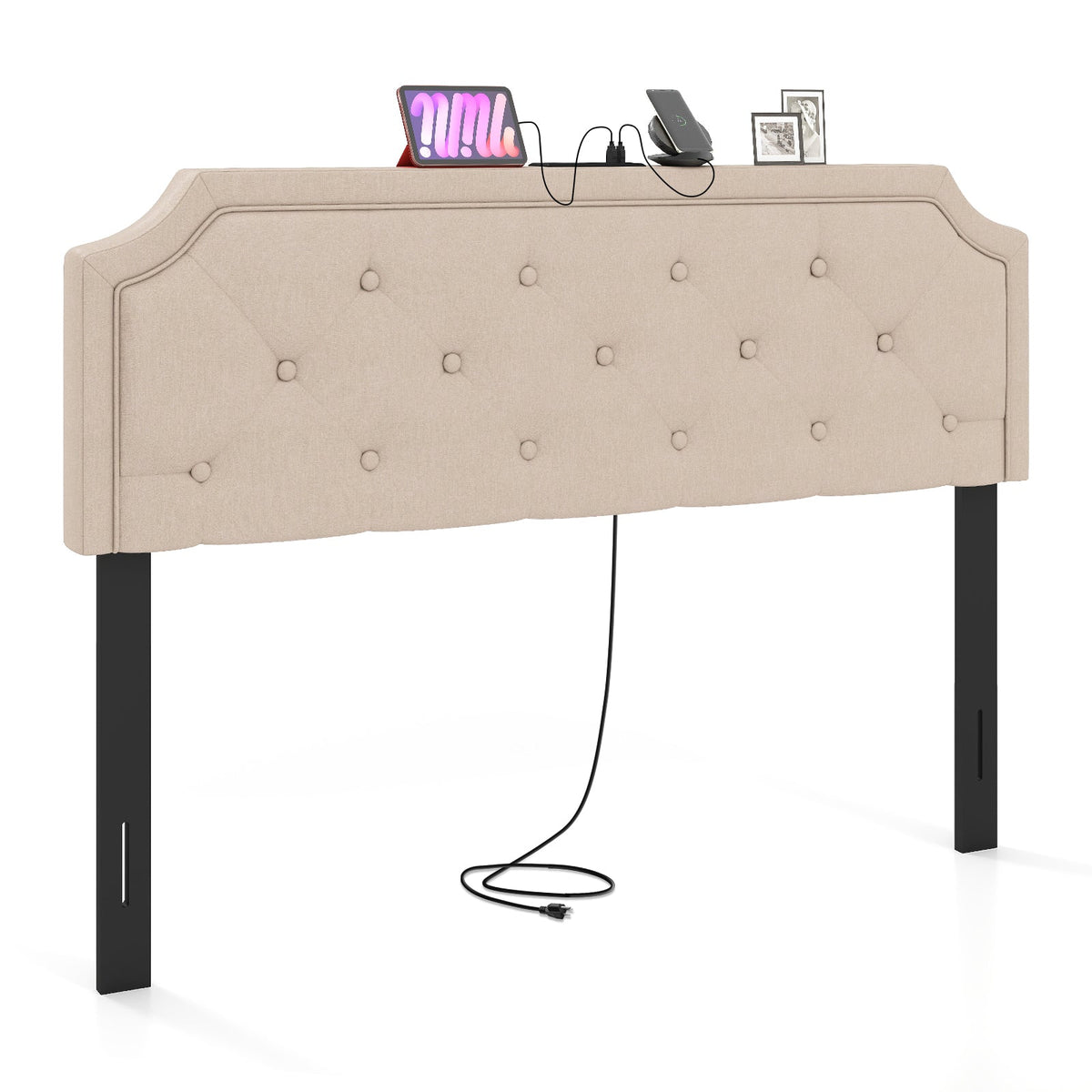 Tufted Upholstered Charging Headboard for Queen/Full Bed-Headboards-DECOROLALA