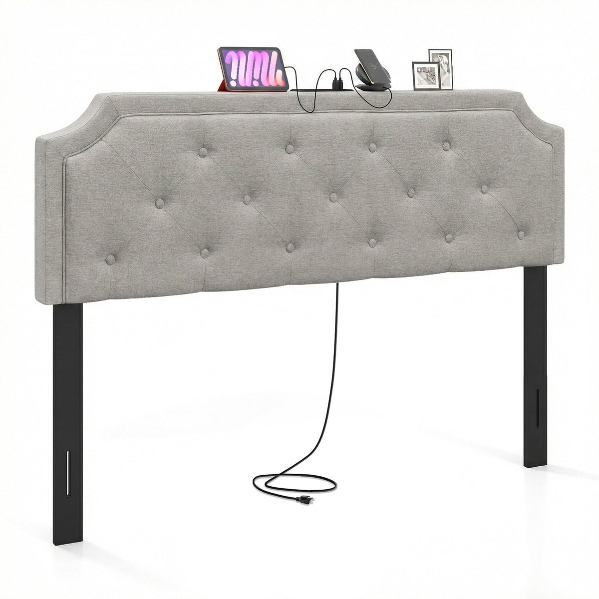 Tufted Upholstered Charging Headboard for Queen/Full Bed-Headboards-DECOROLALA