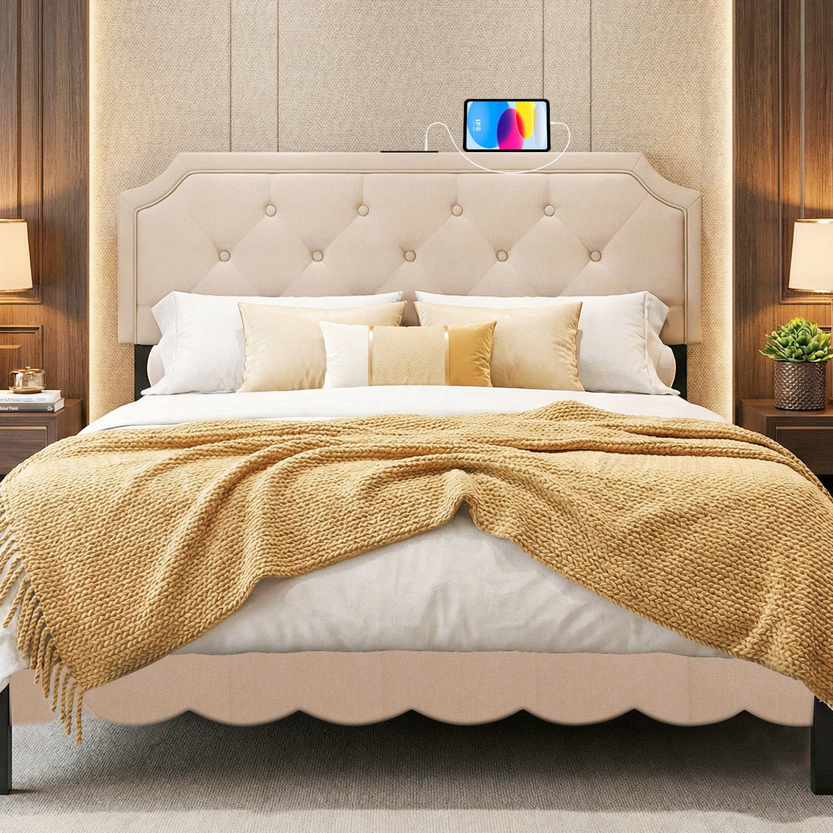 Tufted Upholstered Charging Headboard for Queen/Full Bed-Headboards-DECOROLALA
