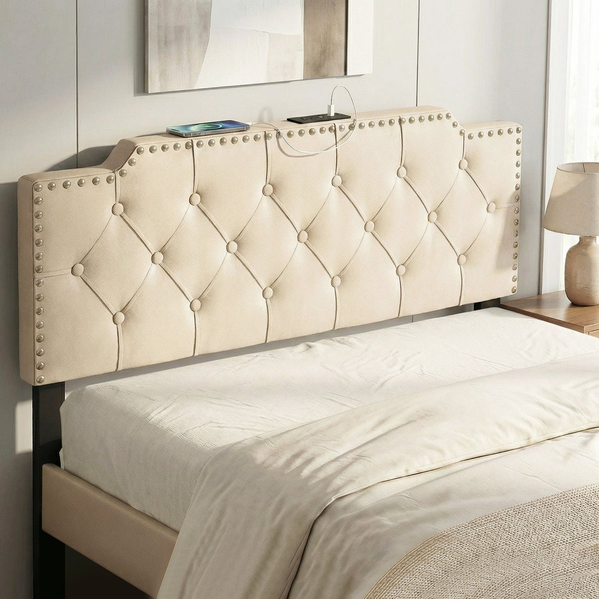 Tufted Upholstered Headboard with Charging Station - Queen/Full-Headboards-DECOROLALA