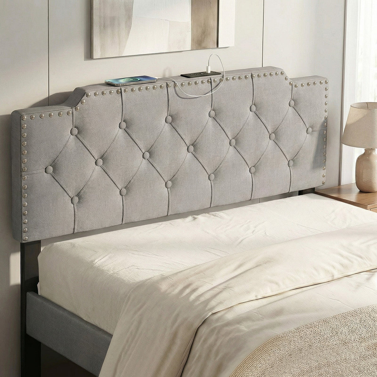 Tufted Upholstered Headboard with Charging Station - Queen/Full-Headboards-DECOROLALA