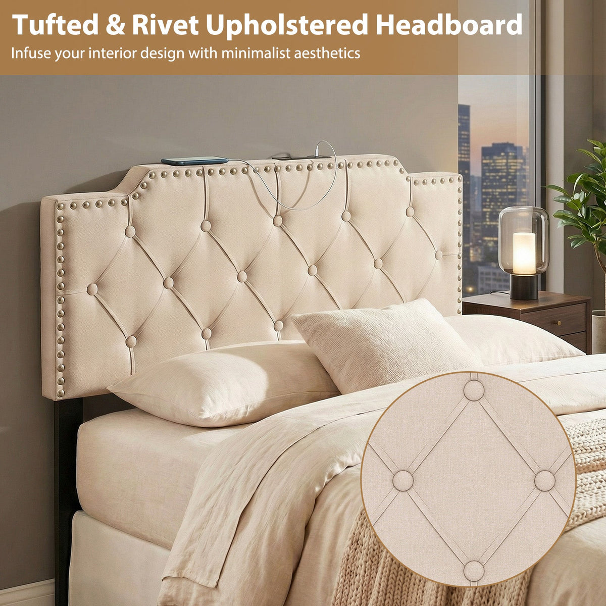 Tufted Upholstered Headboard with Charging Station - Queen/Full-Headboards-DECOROLALA