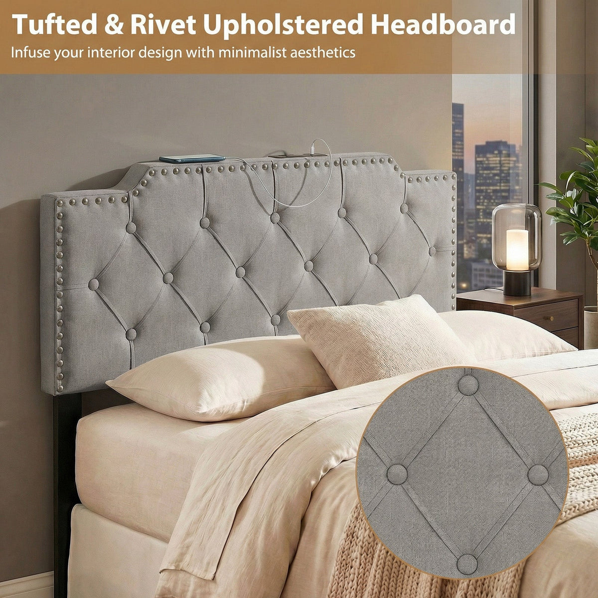 Tufted Upholstered Headboard with Charging Station - Queen/Full-Headboards-DECOROLALA
