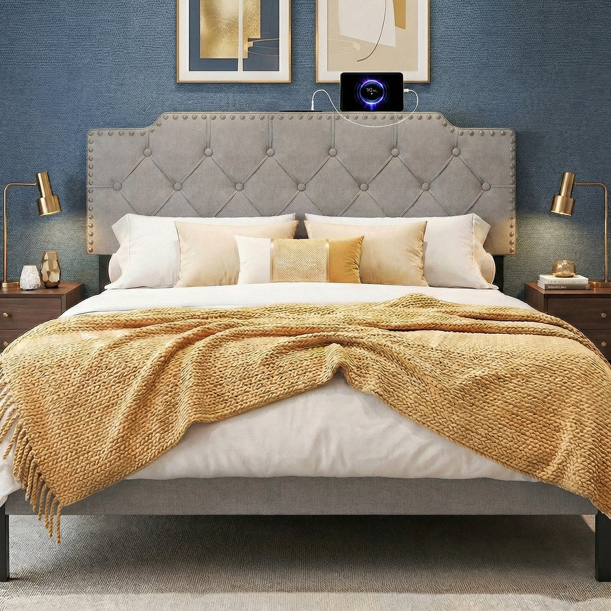 Tufted Upholstered Headboard with Charging Station - Queen/Full-Headboards-DECOROLALA