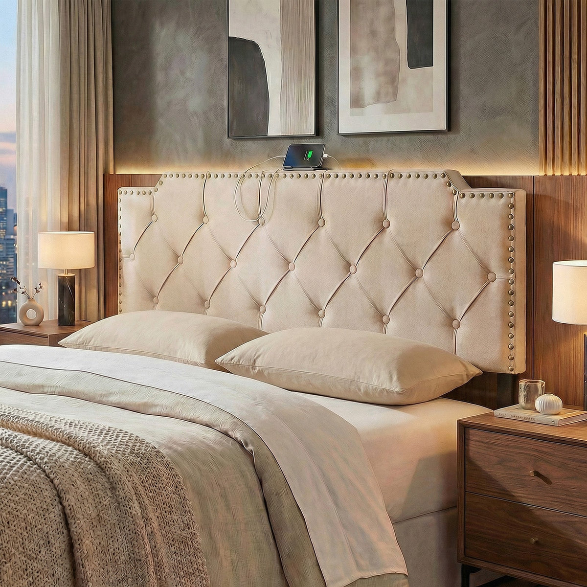 Tufted Upholstered Headboard with Charging Station - Queen/Full-Headboards-DECOROLALA