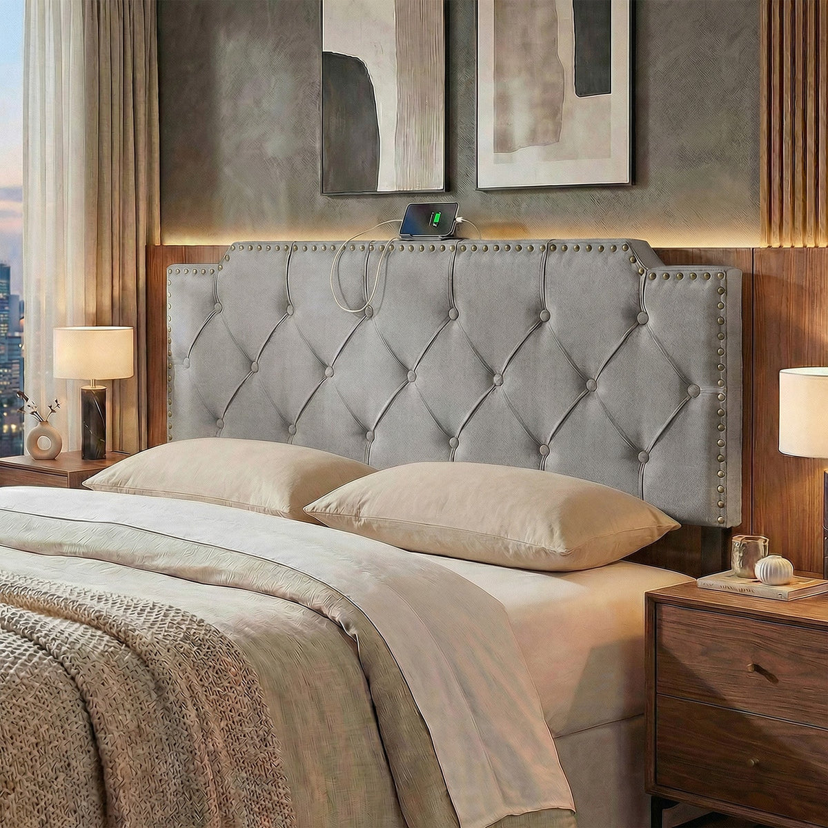 Tufted Upholstered Headboard with Charging Station - Queen/Full-Headboards-DECOROLALA
