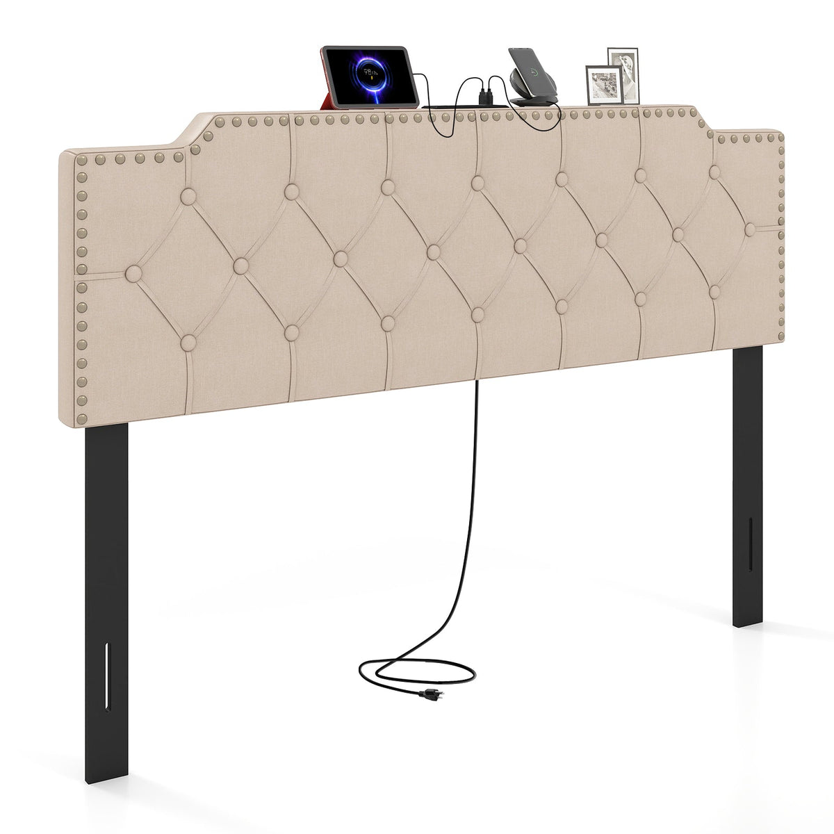 Tufted Upholstered Headboard with Charging Station - Queen/Full-Headboards-DECOROLALA