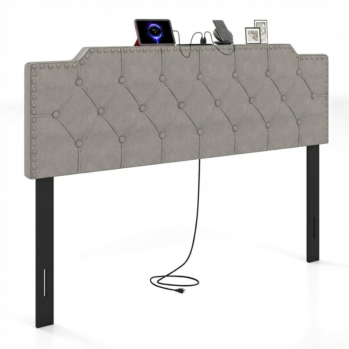 Tufted Upholstered Headboard with Charging Station - Queen/Full-Headboards-DECOROLALA
