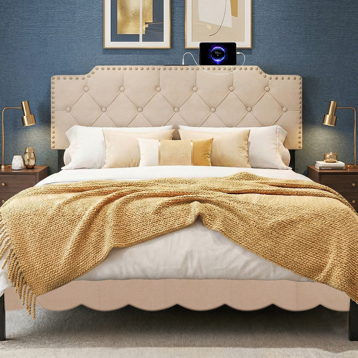 Tufted Upholstered Headboard with Charging Station - Queen/Full-Headboards-DECOROLALA