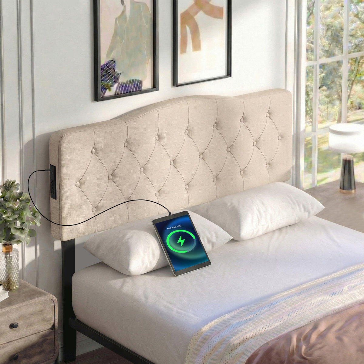 Tufted Upholstered Headboard with Charging Station - Queen/Full Size-Headboards-DECOROLALA