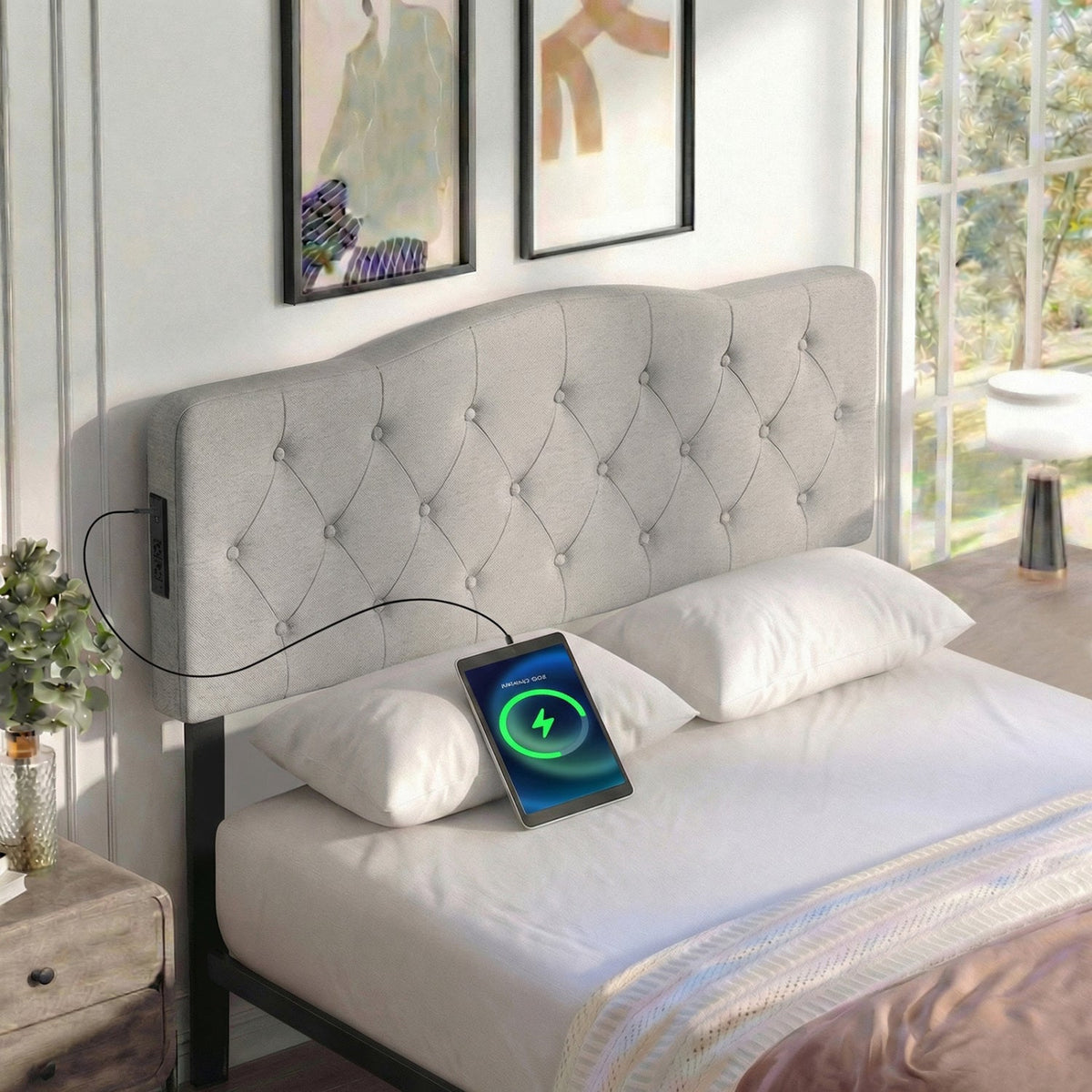 Tufted Upholstered Headboard with Charging Station - Queen/Full Size-Headboards-DECOROLALA