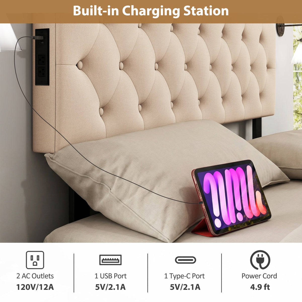 Tufted Upholstered Headboard with Charging Station - Queen/Full Size-Headboards-DECOROLALA