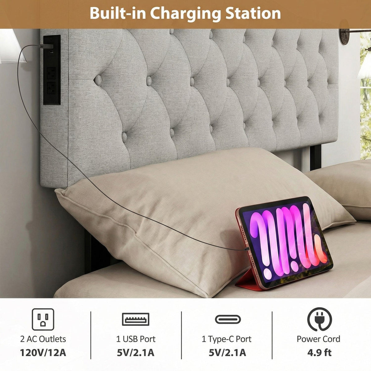 Tufted Upholstered Headboard with Charging Station - Queen/Full Size-Headboards-DECOROLALA