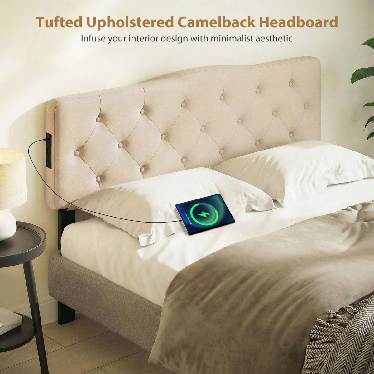 Tufted Upholstered Headboard with Charging Station - Queen/Full Size-Headboards-DECOROLALA