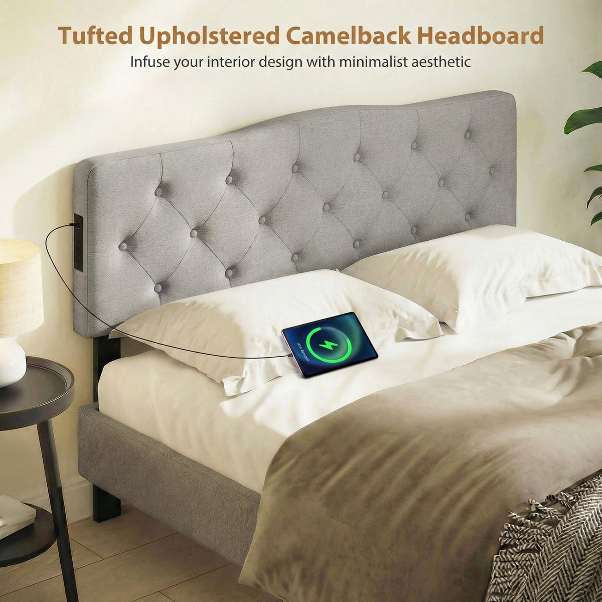 Tufted Upholstered Headboard with Charging Station - Queen/Full Size-Headboards-DECOROLALA