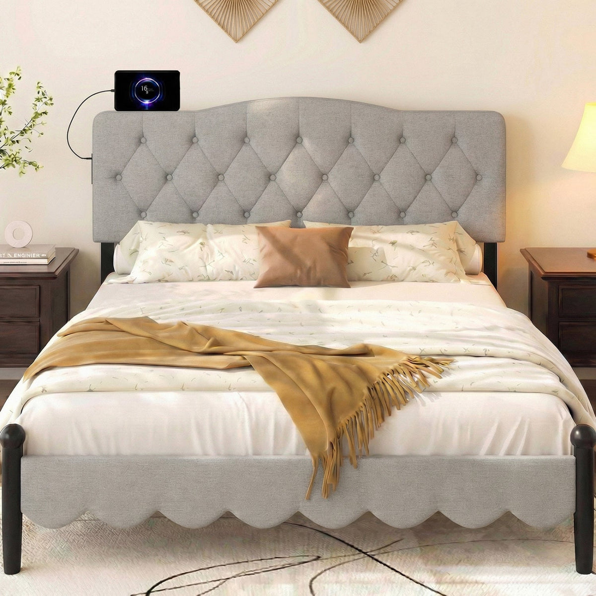 Tufted Upholstered Headboard with Charging Station - Queen/Full Size-Headboards-DECOROLALA