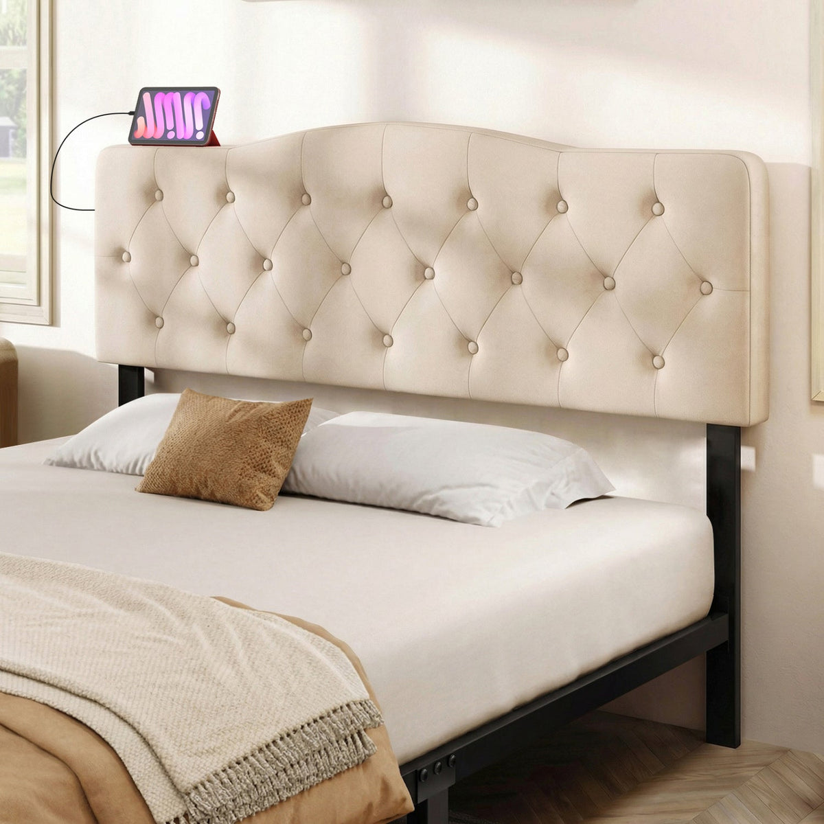 Tufted Upholstered Headboard with Charging Station - Queen/Full Size-Headboards-DECOROLALA
