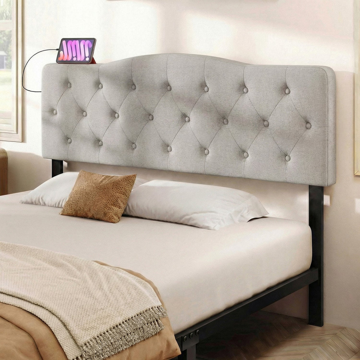 Tufted Upholstered Headboard with Charging Station - Queen/Full Size-Headboards-DECOROLALA