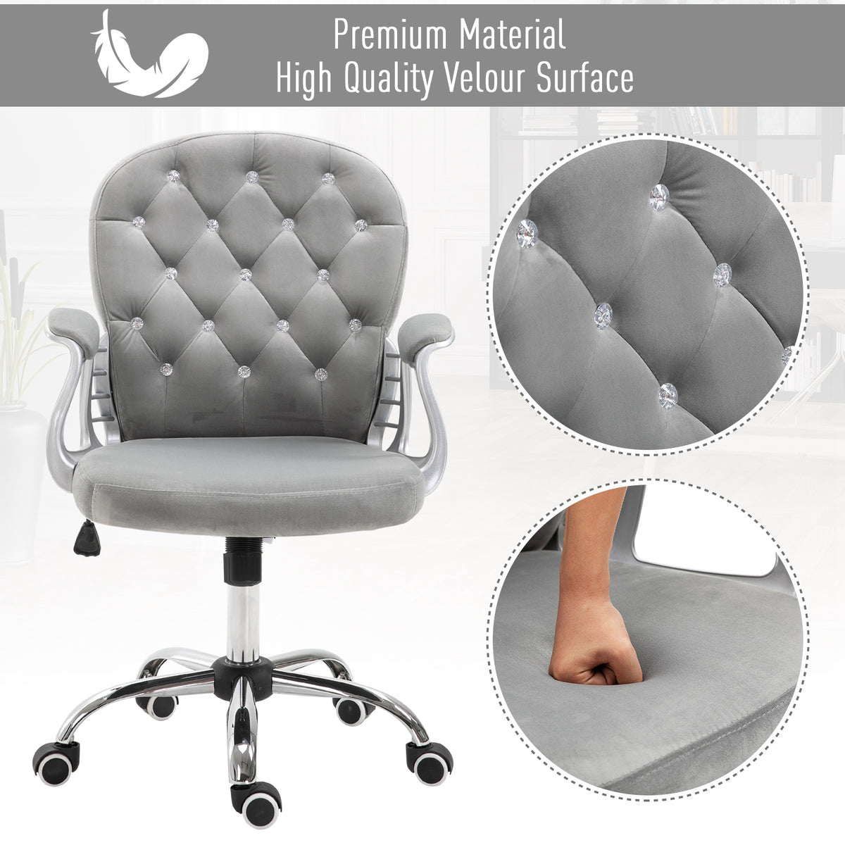 Tufted Velvet Office Chair - Grey Adjustable Computer Desk Chair-Office Products > Office Furniture > Office Chairs > Task Chairs-DECOROLALA