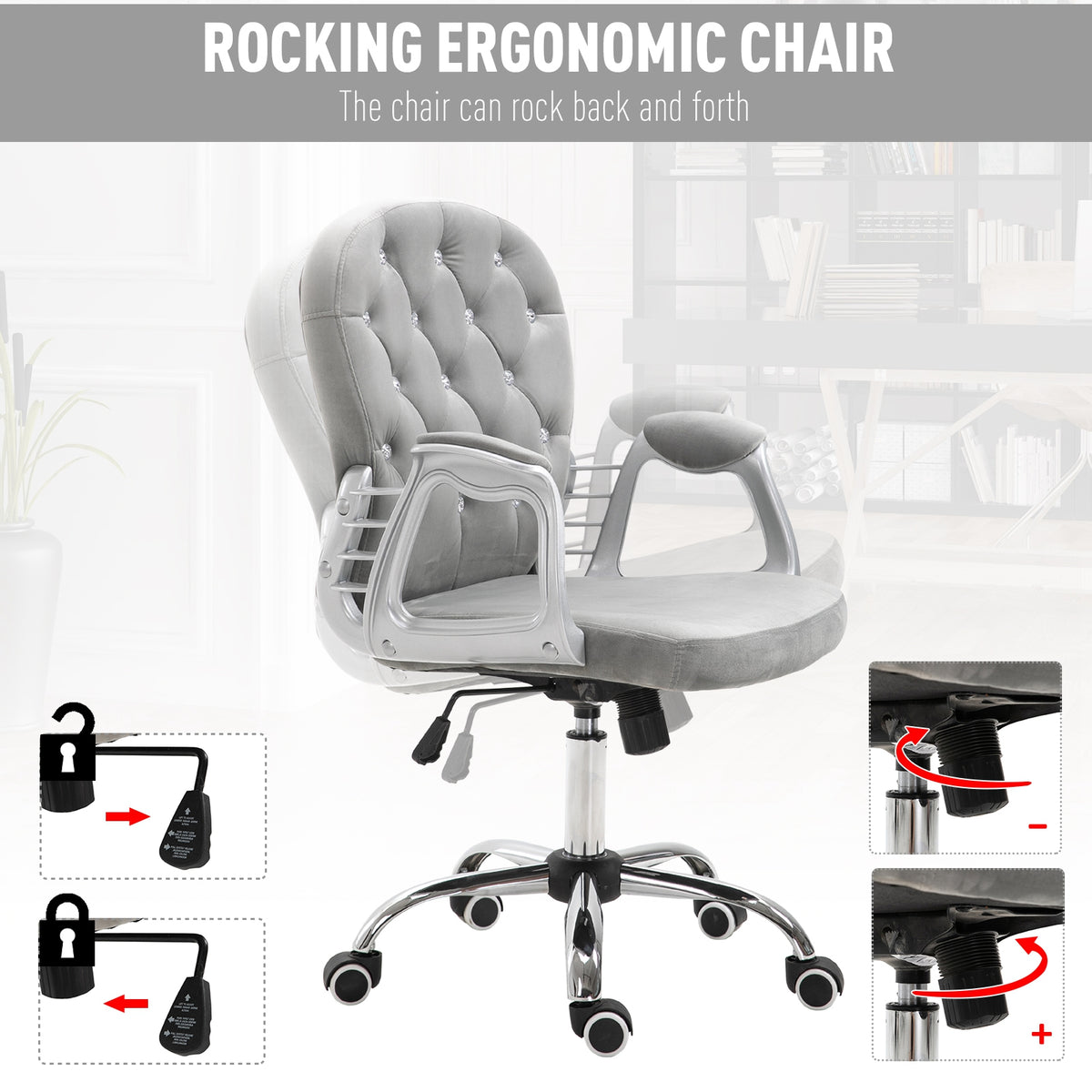 Tufted Velvet Office Chair - Grey Adjustable Computer Desk Chair-Office Products > Office Furniture > Office Chairs > Task Chairs-DECOROLALA