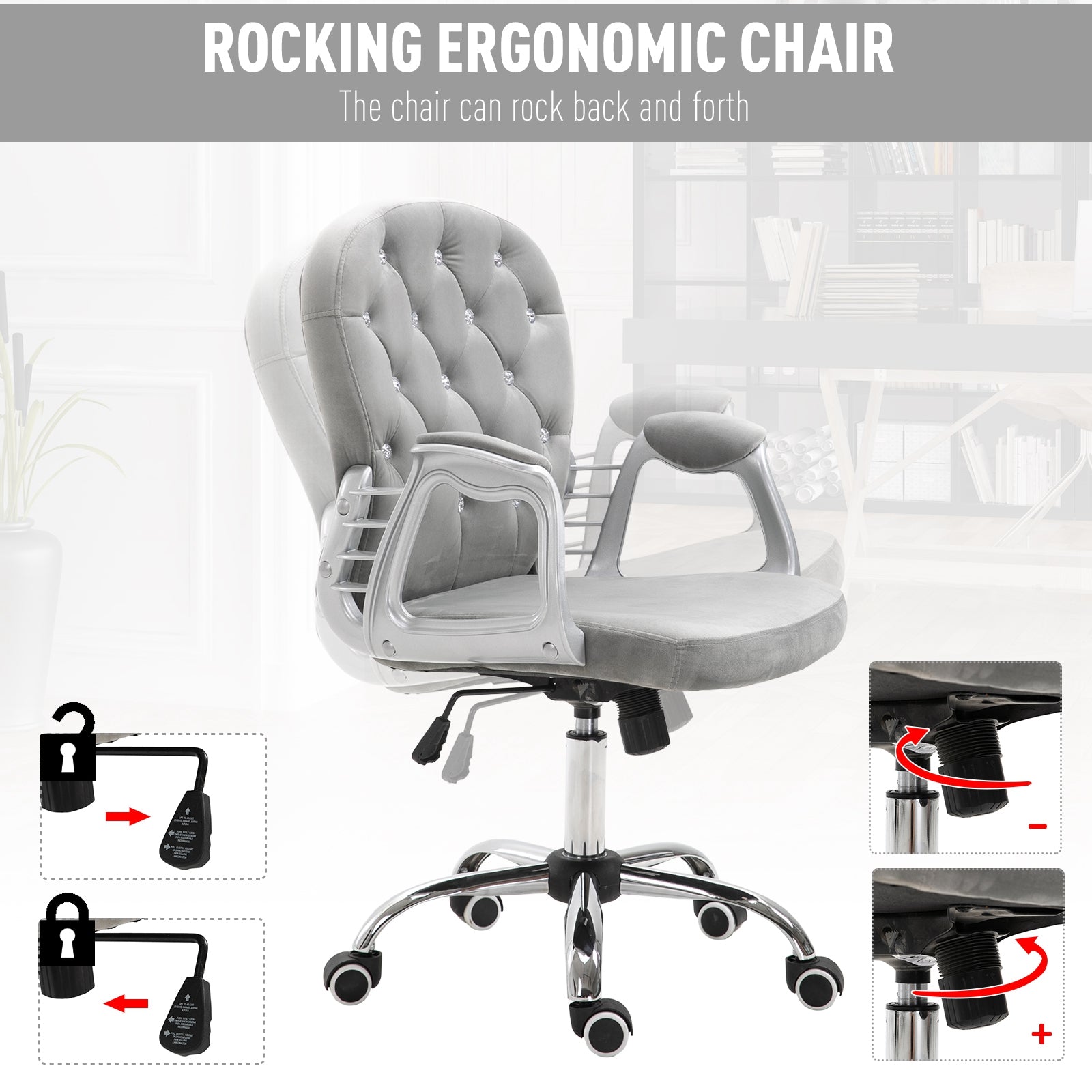 Tufted Velvet Office Chair - Grey Adjustable Computer Desk Chair-Office Products > Office Furniture > Office Chairs > Task Chairs-DECOROLALA
