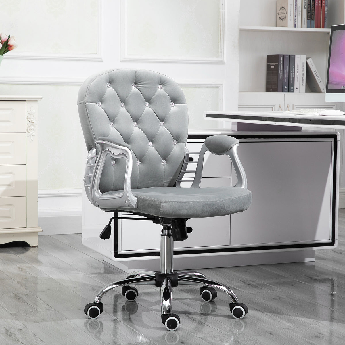 Tufted Velvet Office Chair - Grey Adjustable Computer Desk Chair-Office Products > Office Furniture > Office Chairs > Task Chairs-DECOROLALA