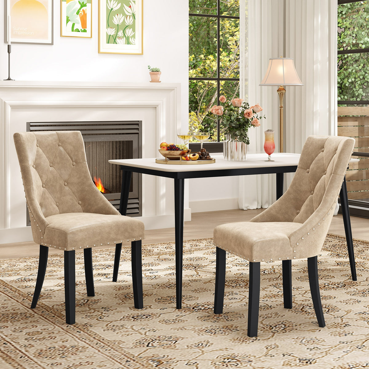 Tufted Wingback Upholstered Dining Chairs Set of 2-Light Brown-Dining Chairs-DECOROLALA
