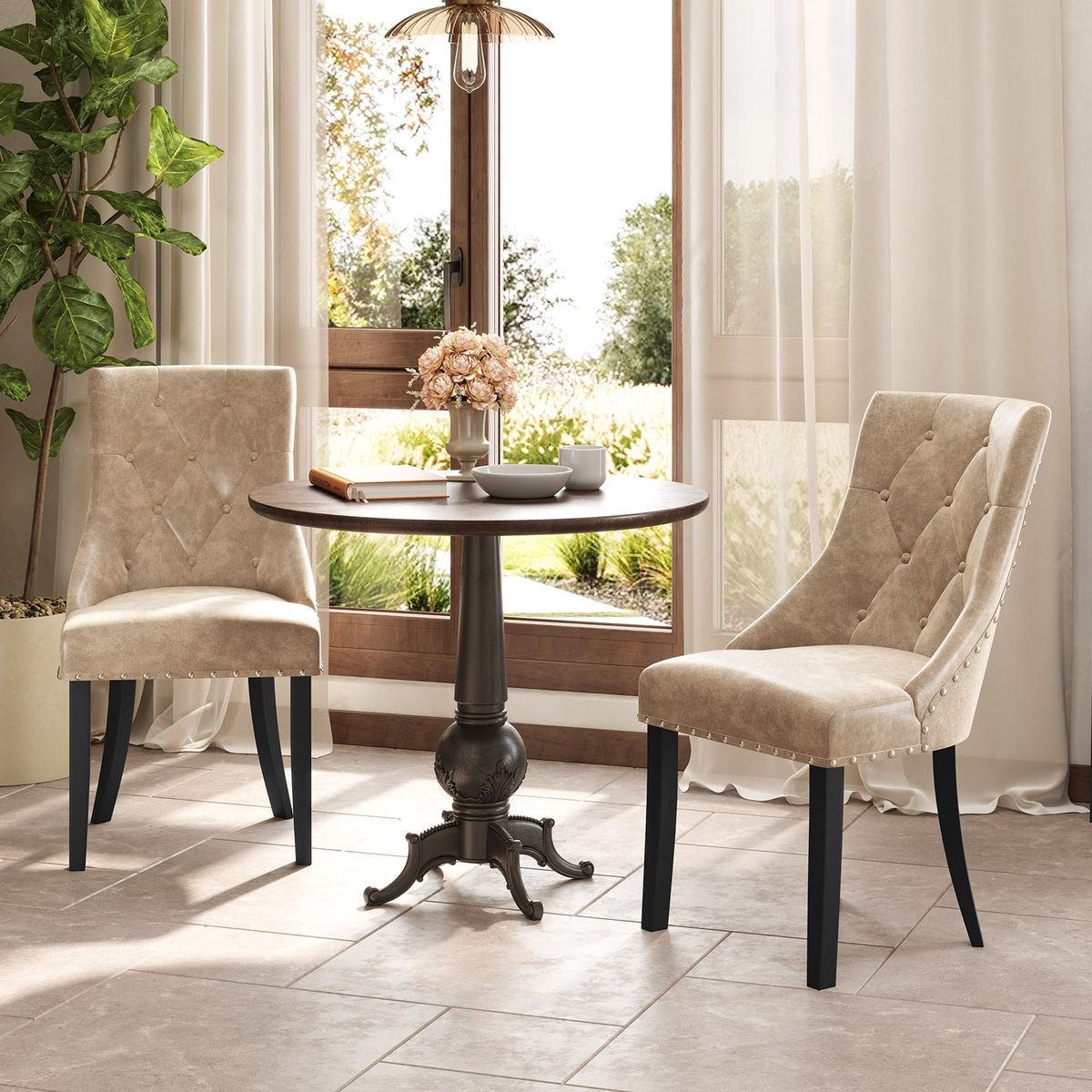 Tufted Wingback Upholstered Dining Chairs Set of 2-Light Brown-Dining Chairs-DECOROLALA