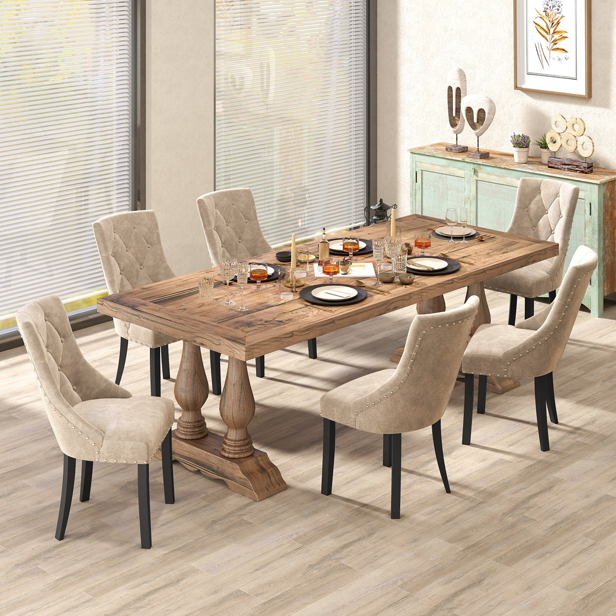 Tufted Wingback Upholstered Dining Chairs Set of 2-Light Brown-Dining Chairs-DECOROLALA