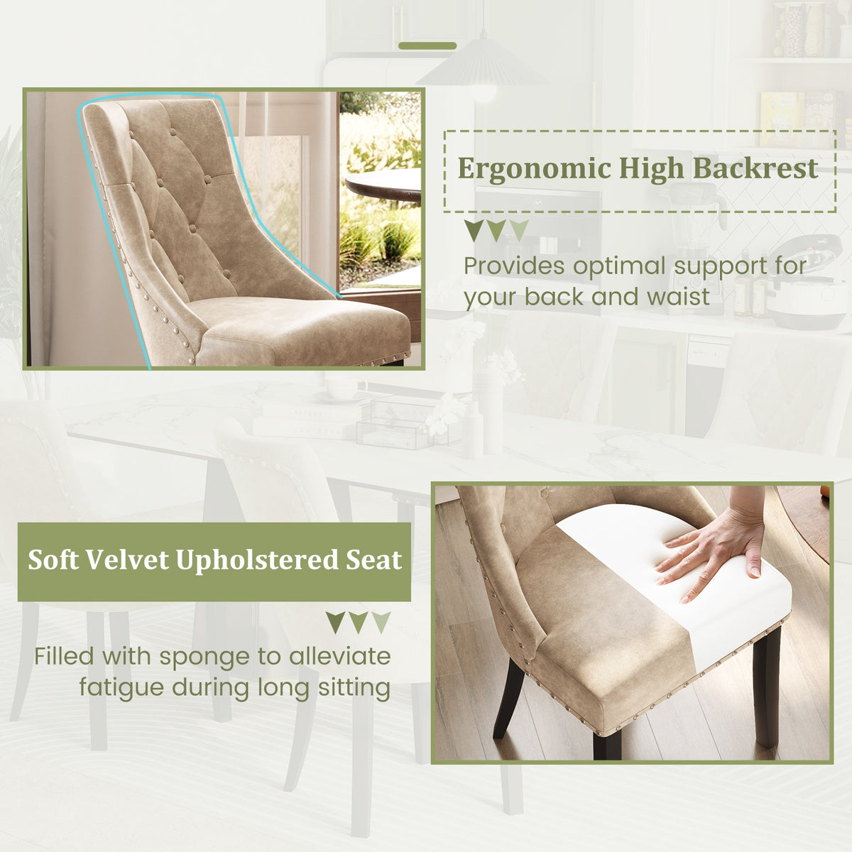 Tufted Wingback Upholstered Dining Chairs Set of 2-Light Brown-Dining Chairs-DECOROLALA