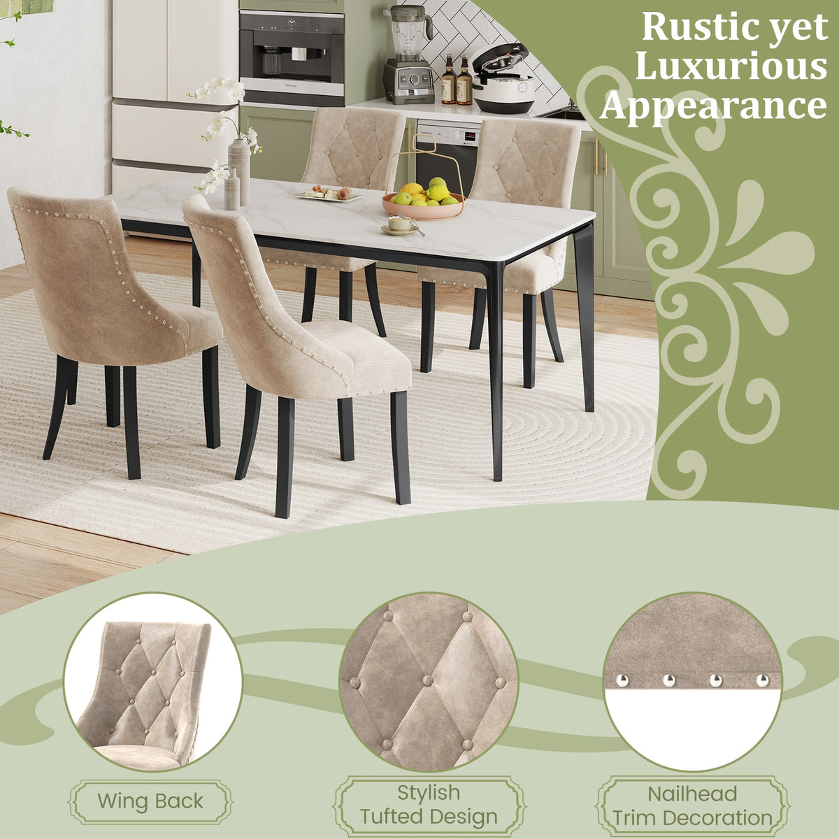 Tufted Wingback Upholstered Dining Chairs Set of 2-Light Brown-Dining Chairs-DECOROLALA
