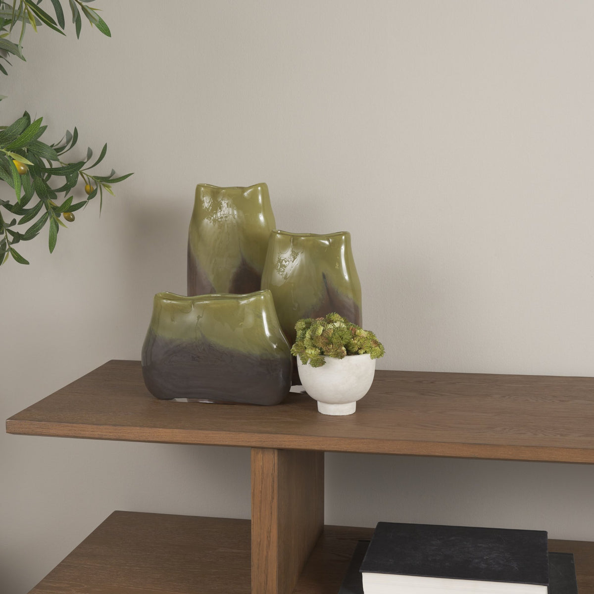 Tulano Low Green and Brown Glass Vase-Vase-DECOROLALA