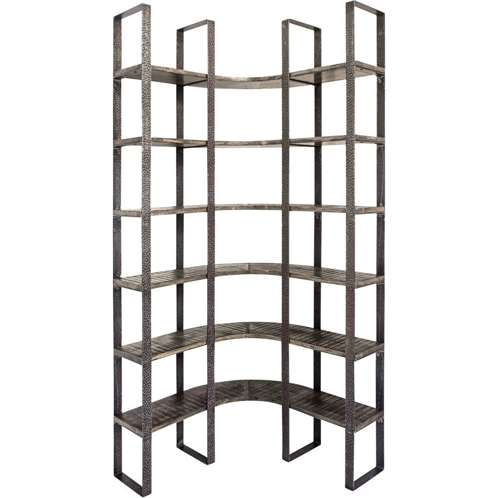 Turner I 37L x 10.5W x 90H Curved Brown Wood and Black Iron Six Shelving Unit-Shelving-DECOROLALA