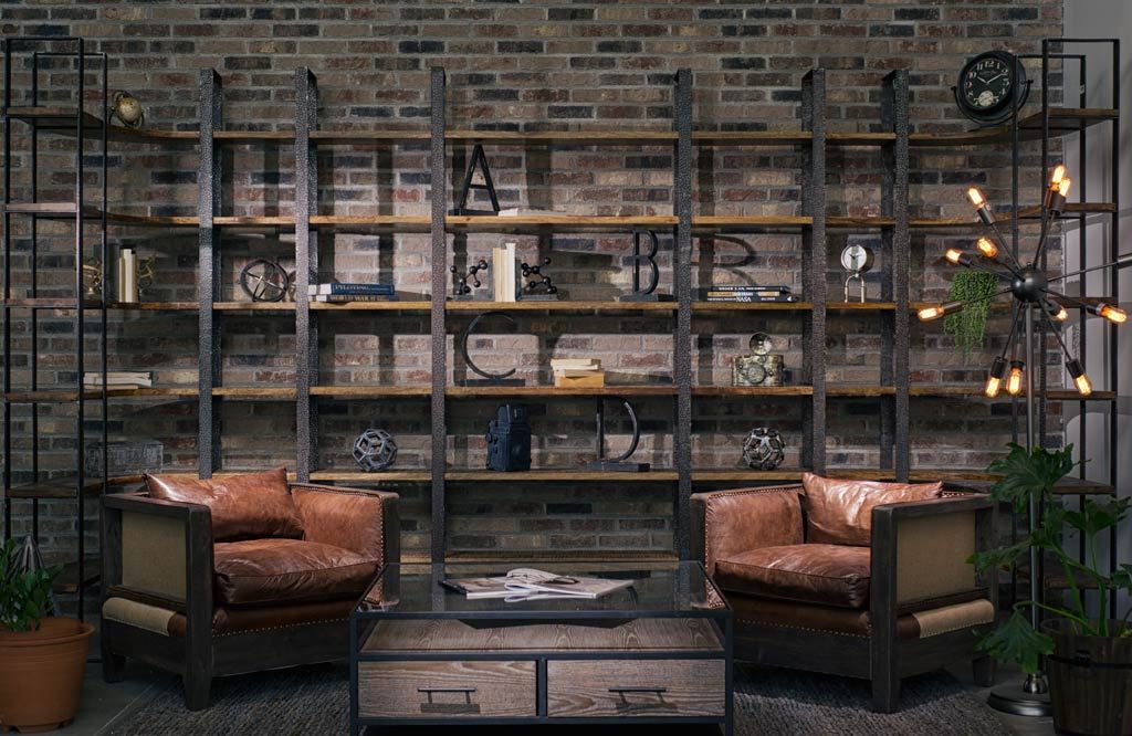 Turner I 37L x 10.5W x 90H Curved Brown Wood and Black Iron Six Shelving Unit-Shelving-DECOROLALA
