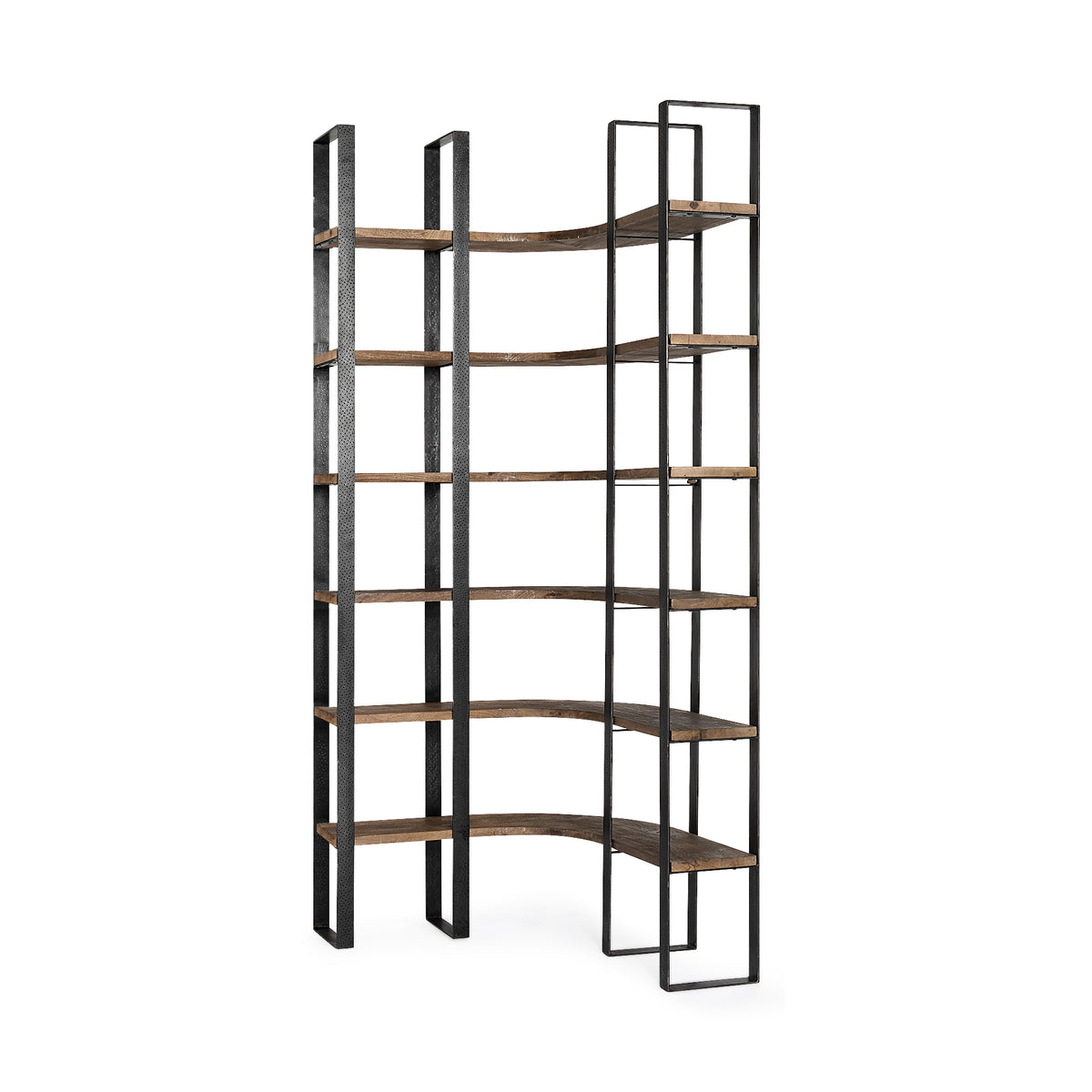 Turner II 37L x 10.5W x 90H Curved Dark Brown Wood And Black Iron Six Shelving Unit-Shelving-DECOROLALA